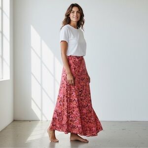 Talbots Vintage 90s Boho Fairy Cotton Blend Pink Floral Maxi Skirt size 12